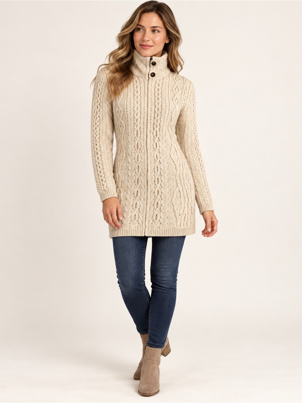 Original Aran Co NWT Long Cable Knit Full Zip Sweater XL Natural Irish Fisherman